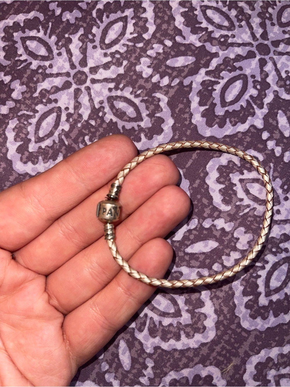 Pandora Braided Cream Leather Bracelet with Silver Logo Clasp